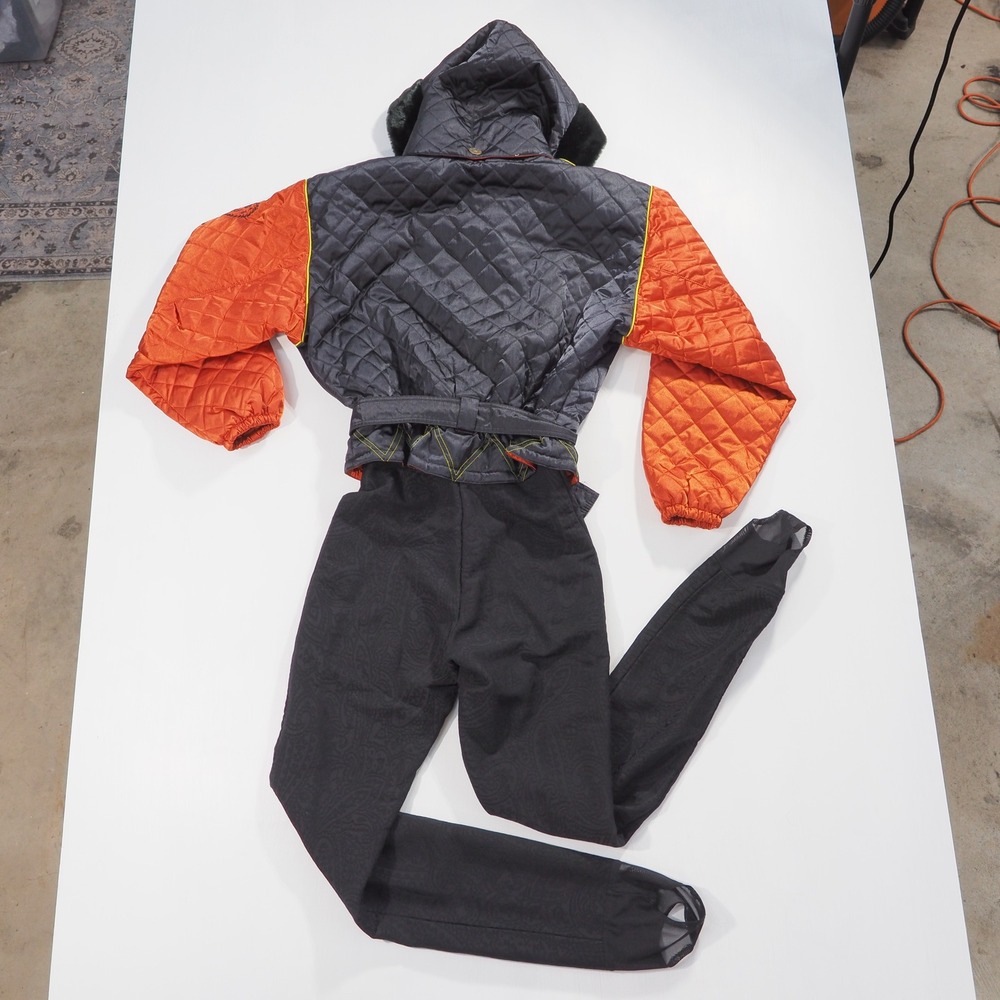 Vintage Obermeyer One Piece Ski Suit Women 12 Black Orange Quilted Hood Stirrup - Picture 2 of 9
